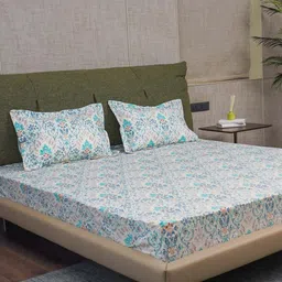 URBAN SPACE Serene White & Blue Printed Cotton 200 TC Single Bedsheet with Pillow Cover-image-64