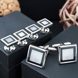 PELUCHE Unisex Blue & Black Mother Of Pearl Studded Cufflink & Stud Gift Set-image-14