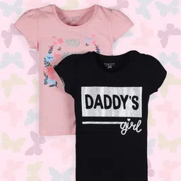 PLUM TREE Girls Black Pack of 2 Typography Printed Extended Sleeves T-shirt-image-72