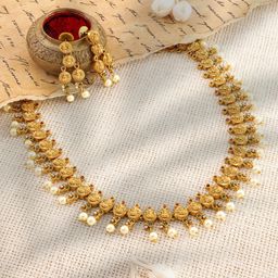 Rubans 22K Gold-Plated Ruby &Emerald-Studded Temple Necklace Set with Pearl Beaded Drops image 3