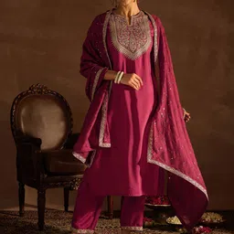 Indo Era Red Floral Embroidered Regular Kurta with Trousers & Dupatta-image-15