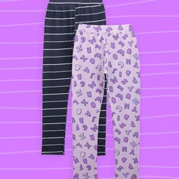 LilPicks Girls Lavender & Navy Blue Pack Of 2 Printed Cotton Ankle-Length Leggings-image-7