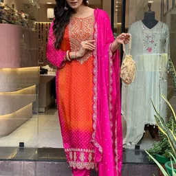 GoSriKi Ethnic Motifs Printed Sequinned Kurta with Trousers & Dupatta image 5