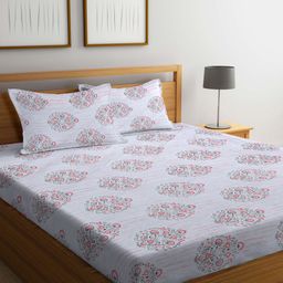 KLOTTHE White & Pink Floral 300 TC Fitted Super King Double Bedsheet with 2 Pillow Covers-image-35