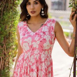 mokshi Floral Printed V-Neck Layered Fit & Flare Midi Ethnic Dresses-image-24