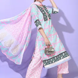 Vishudh Women Blue Floral Printed Kurta with Palazzos & With Dupatta image 4