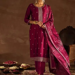 Indo Era Maroon Ethnic Motifs Embroidered Thread Work Kurta with Trousers & Dupatta-picture-43