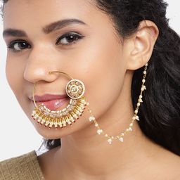 JEWELS GEHNA Pink & Off-White Gold-Plated CZ-Studded & Beaded Chained Nose Ring-image-34