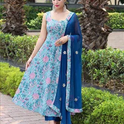 KALINI Floral Printed Regular Sequinned Kurta with Trouser & Dupatta-36