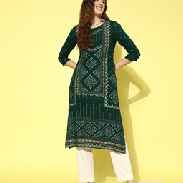 all about you Women Olive Green & Blue Ethnic Motifs Printed Kurta-11