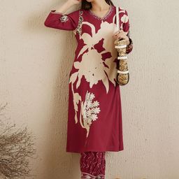 Indo Era Red Floral Printed Sequinned V-Neck Straight Kurta With Salwar-image-6