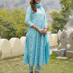 KALINI Floral Printed Regular Mirror Work Pure Cotton Kurta with Trousers & With Dupatta image 3