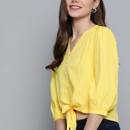 Mast & Harbour Women Yellow & White Striped Puff Sleeve Top-image-73