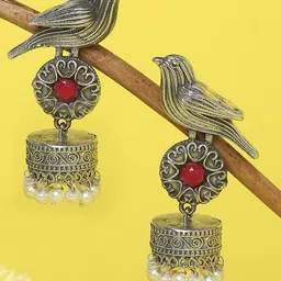 OOMPH Silver-Plated Red & White Stone & Pearls Ethnic Jhumkas Earrings-image-13