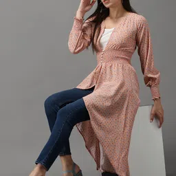 SHOWOFF Peach-Coloured & Grey Geometric Print Crepe High-Low Longline Top image 5