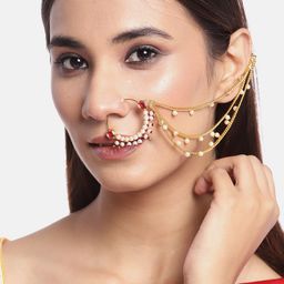 JEWELS GEHNA Magenta & Off-White Gold-Plated Kundan Studded & Beaded Chained Nose Ring-1