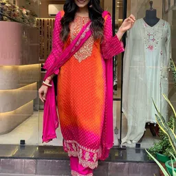 GoSriKi Ethnic Motifs Printed Sequinned Kurta with Trousers & Dupatta image 2