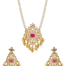Rubans 22K Gold Plated Ruby & Cubic Zirconia Studded Jewellery Set with Gold & Pearl Beads image 4