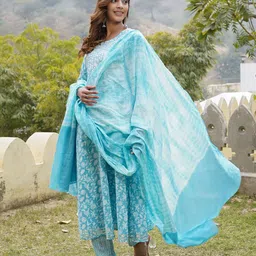 KALINI Floral Printed Regular Mirror Work Pure Cotton Kurta with Trousers & With Dupatta image 5