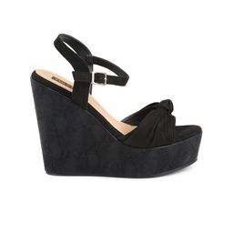 Flat n Heels Black Suede Wedge Sandals With Ankle Loop & Bow Detail image 3