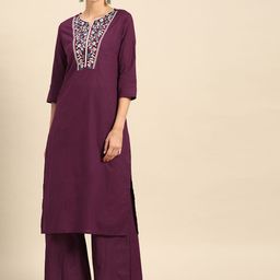 Anouk Women Purple Ethnic Motifs Yoke Design Regular Thread Work Pure Cotton Kurta with Palazzos-13