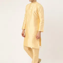 SOJANYA Men Golden & Peach-Coloured Solid Kurta with Churidar & Nehru Jacket image 5
