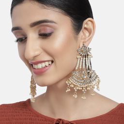 I Jewels White Gold Plated Antique Finish Kundan Chandbalis-30