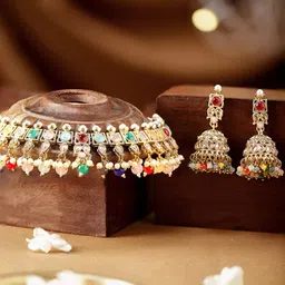 Rubans Gold-Plated Multi Color CZ Studded pearl beaded Handcrafted Jewellery Set-9