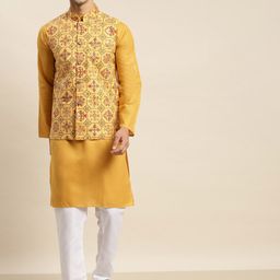 SOJANYA Men Mustard Yellow Pure Cotton Kurta with Churidar & Nehru Jacket-picture-33