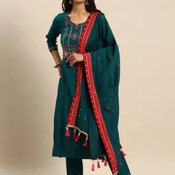 Sangria Embroidered Regular Thread Work Kurta With Trousers & Dupatta image 4