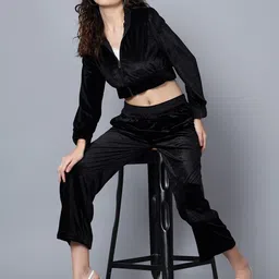 ANVI Be Yourself Black Shirt Collar Velvet Crop Jacket With Trousers-image-72
