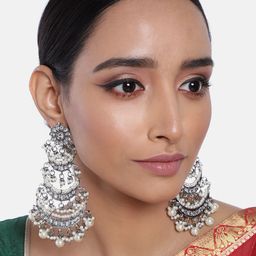 I Jewels Oxidised Silver-Plated & White 3 Layered Kundan and Pearl Studded Chandbalis-0