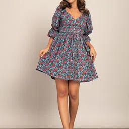 KAORI BY SHREYA AGARWAL Floral Printed V-Neck Bell Sleeve Cotton Fit & Flare Dress-image-24