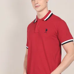 u.s. polo assn. U S Polo Assn Men Red Pure Cotton Heritage Tipped Polo Collar T-shirt-picture-2