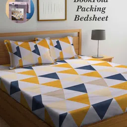 Arrabi Bookfold White & Yellow Geometric Printed 300 TC King Bedsheet & Pillow Covers-image-46