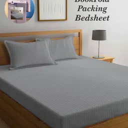 Arrabi Bookfold Grey Striped 300 TC King Bedsheet & 2 Pillow Covers-image-19