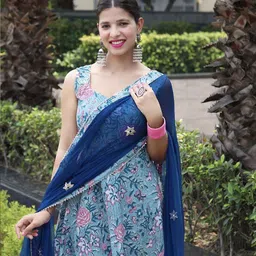 KALINI Floral Printed Regular Sequinned Kurta with Trouser & Dupatta image 3