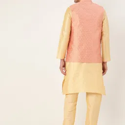 SOJANYA Men Golden & Peach-Coloured Solid Kurta with Churidar & Nehru Jacket image 2
