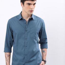 HIGHLANDER Teal Floral Printed Slim Fit Cotton Casual Shirt-picture-3