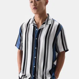 The Souled Store White And Blue Relaxed Striped Pure Cotton Casual Shirt-image-38