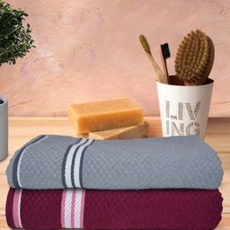 Athom Trendz 2Pcs Maroon & Grey Popcorn Textured Pure Cotton Super Soft Bath Towels-10