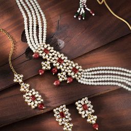 Peora Women Gold-Plated Pearl & Kundan Studded Jewellery Set-image-30