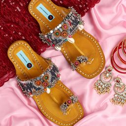 PehnawaCraft Ethnic Embellished Ikkat Leather One Toe Flats-image-16