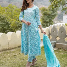 KALINI Floral Printed Regular Mirror Work Pure Cotton Kurta with Trousers & With Dupatta image 4