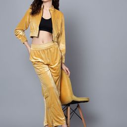 ANVI Be Yourself Gold-Toned Shirt Collar Velvet Crop Jacket With Trousers-image-76