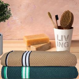Athom Trendz Living 2Pcs Brown & Green Popcorn Textured Pure Cotton Bath Towels-26