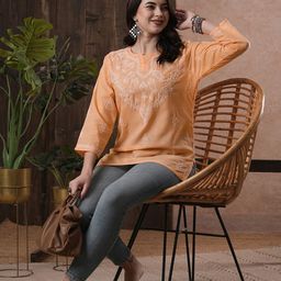 ADA Women Peach-Coloured & White Chikankari Hand Embroidered Pure Cotton Semi-Sheer Straight Sustainable Handloom Kurti-image-88