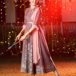 AURELIA Gunmetal-Toned & Peach-Coloured Ethnic Motifs Ethnic Maxi Ethnic Dress with Shawl-image-25