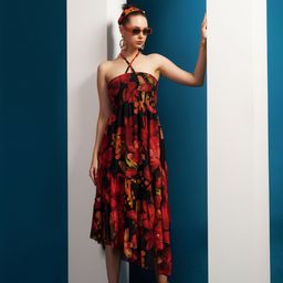 Taurus Floral Printed Tie-Up Neck Smocked Detail Asymmetric Hem Fit & Flare Midi Dress-image-51
