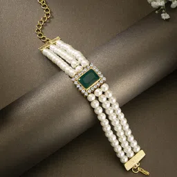 Peora Women Green Gold-Plated Pearl Studded Cube Crystal In Middle Bracelet-21